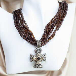 MX Chunky Brown Beaded Multi Strand Maltese Cross Pendant Necklace Boho Western